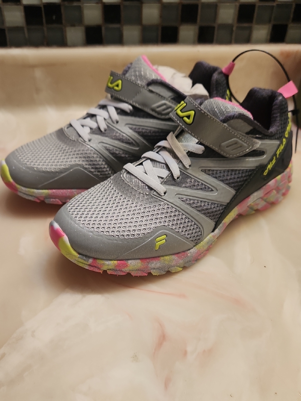 Fila Womens Gray Sneakers with Pink and Neon Yellow Accents